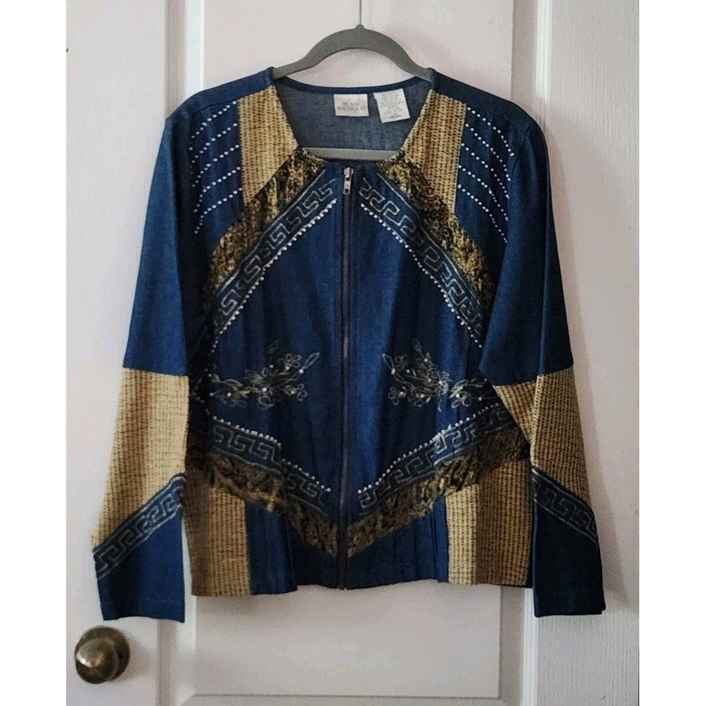 Vintage Blair Boutique Women's Embroidered Studded Denim Jacket Full-Zip Size L